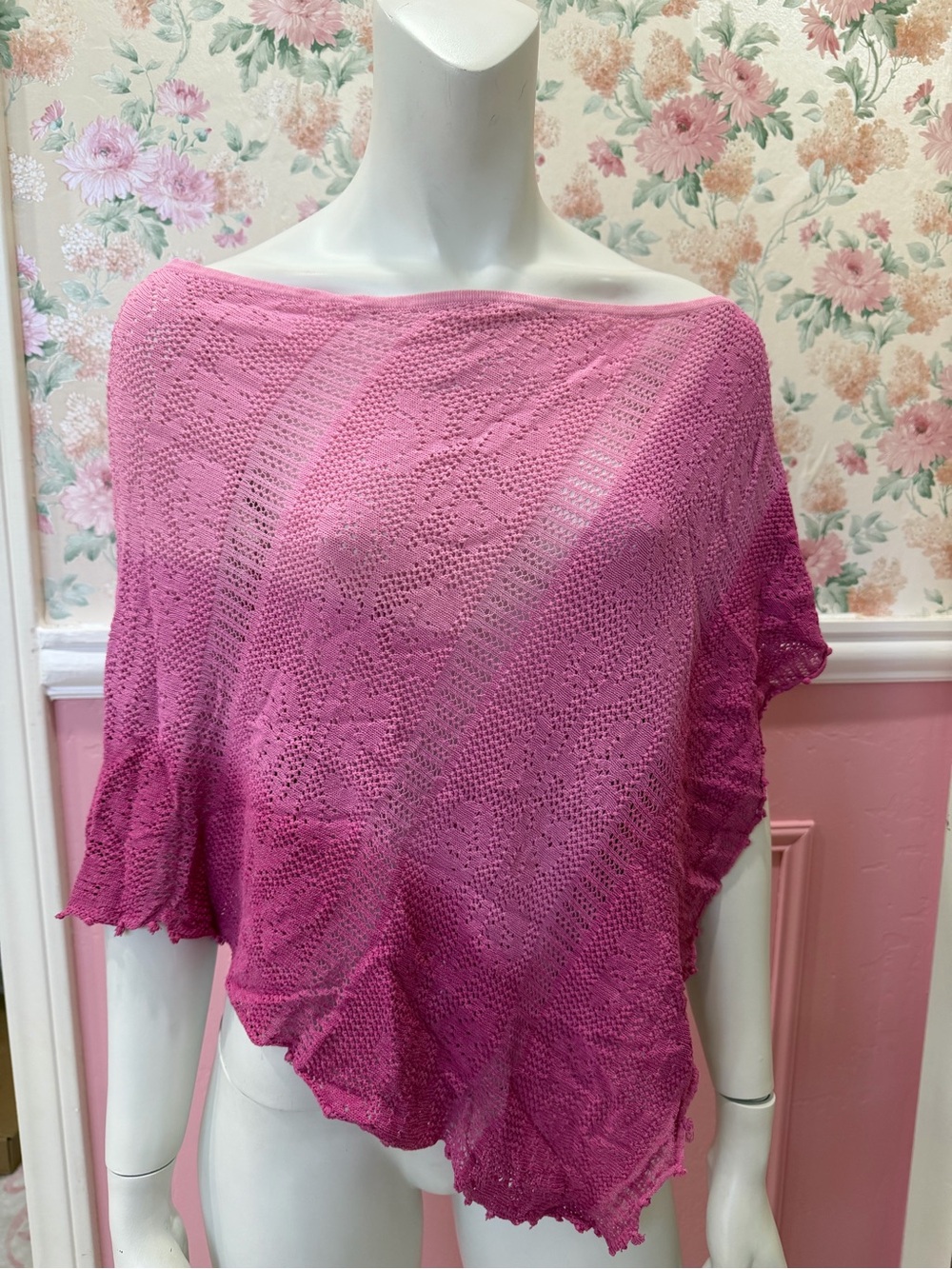 Y2K Lightweight Pink Open-Knit Poncho Sweater